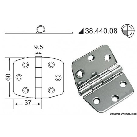 Charnière inox  épaisseur 2 mm - 74 x 60 mm